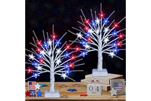 MOSOAN [Timer] 2 Pack 18 Inch 4th of July Patriotic Decorations Tree Light with 24 LED Red White Blue Star Lights, USB/Battery Operated Fourth of July Independence Day Lighted Tree for Home Table Party Decor