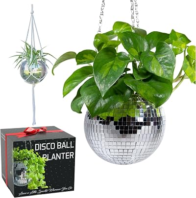 SCANDINORDICA Disco Ball Planter Silver 15 cm with Chain Macrame Hanger