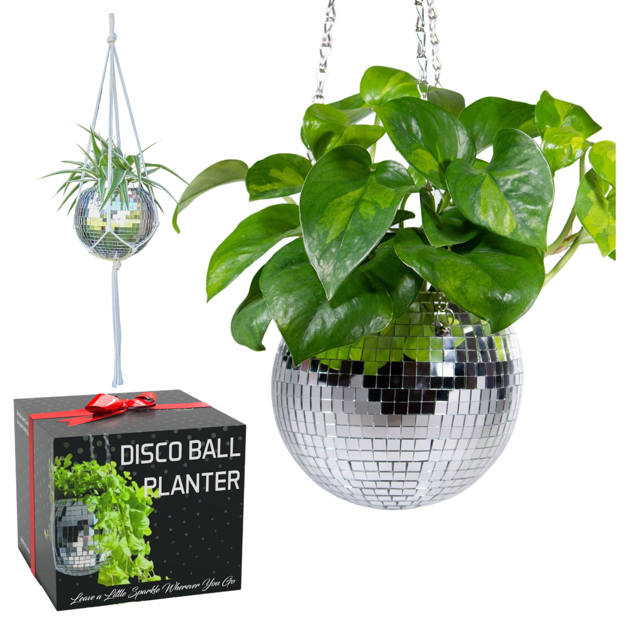 SCANDINORDICA Disco Ball Planter – Mirror Ball Plant Hanger with Chain, Macrame Hanger, Acrylic Stand and Insert Pot, Glitter Hanging Planter | Disco Ball Decor – 15 cm (6“) Silver
