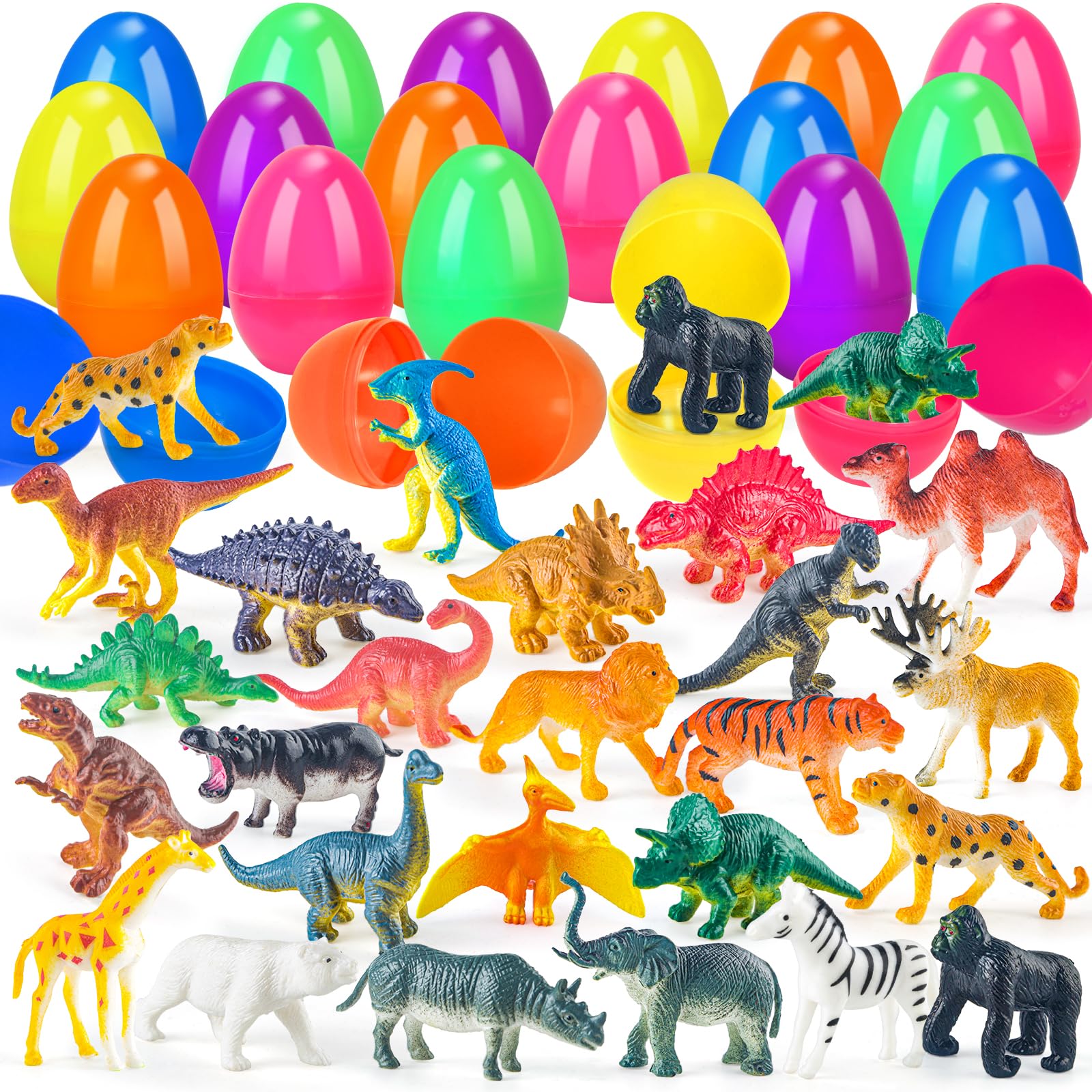 ZIRSENG 24 PCS Prefilled Easter Eggs with Realistic Dinosaurs & Animals Figurines Toys, Easter Basket Stuffers for Kids Hunting Games, Easter Eggs with Toys Inside for Basket Stuffers Fillers
