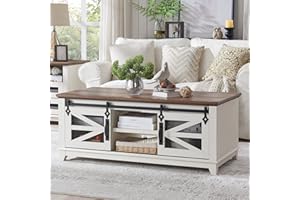 OKD 48'' Coffee Table with Storage & Sliding Barn Doors, Farmhouse & Industrial Cocktail Table w/Adjustable Shelves, Modern Rectangular Rustic Living Room, Meeting Room, Antique White