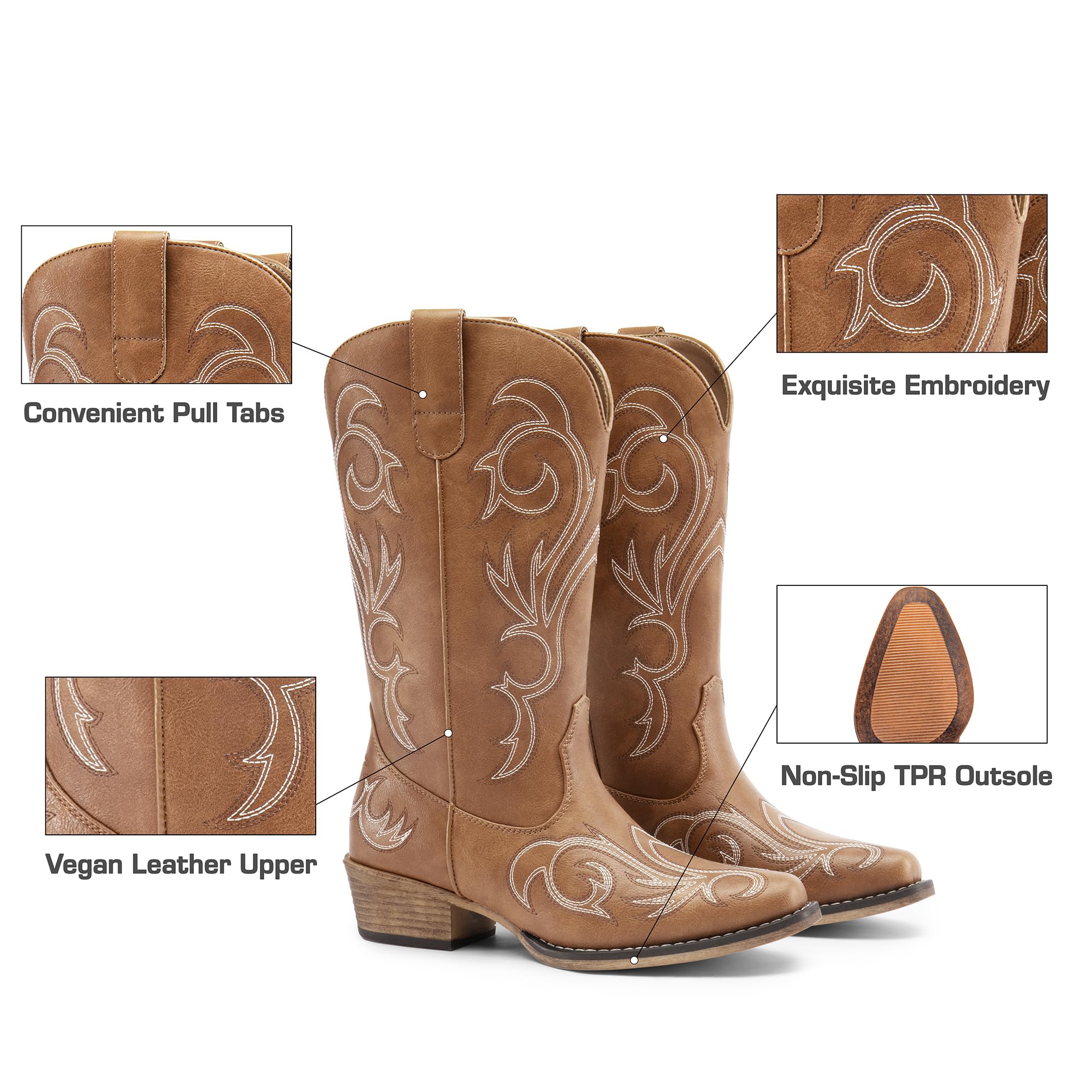 DREAM PAIRS Women's Cowboy Boots Mid Calf Cowgirl Boots Square Toe Chunky Heel Embroidery Stitched Western Boots