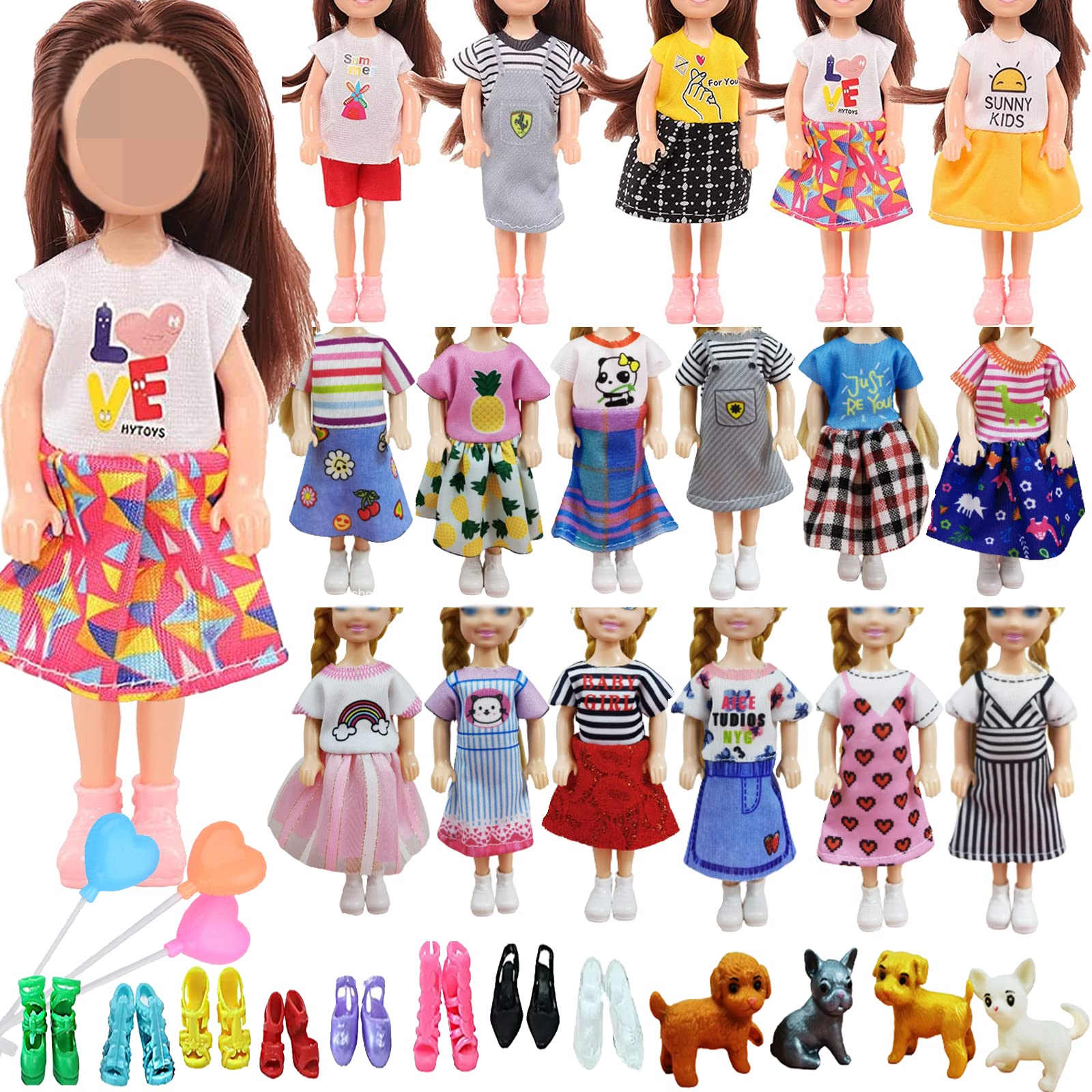 18PCS Clothes Outfit Compatible with Chelsea Dolls 6inch, Doll Accessories Including 12 PCS Random Style Dresses, 2 Pair of Shoes, 1 Random Dog and 3 Colorful Balloons for Kids Girls Gift
