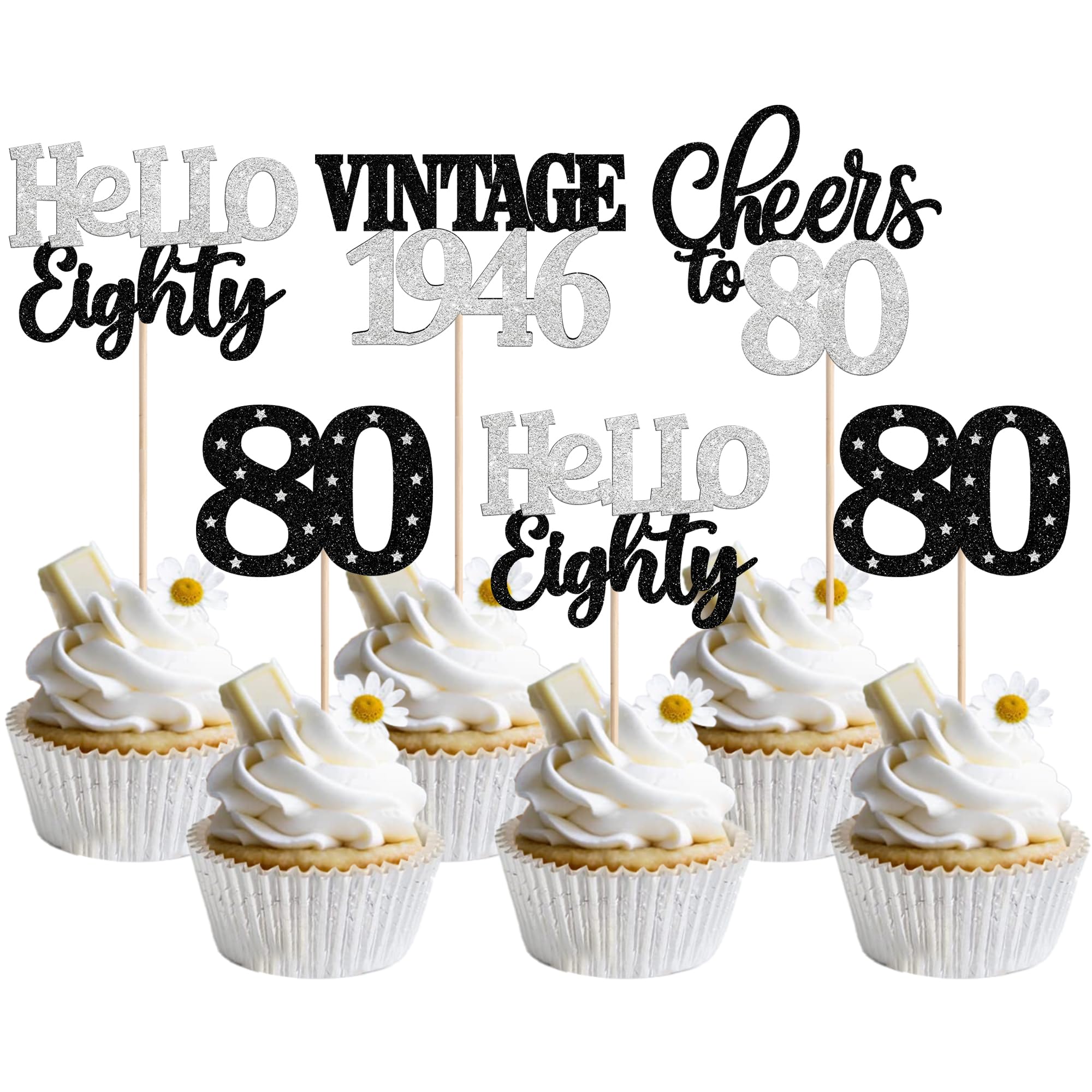24 PCS Happy 80th Birthday Cupcake Toppers Star 80 Hello Eighty Vintage 1946 Cupcake Picks Cheers to 80 Birthday Decorations for him 80th Birthday Anniversary Party Cake Decorations Supplies Silver