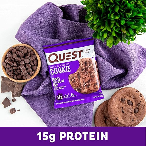 QUEST NUTRITION PROTEIN COOKIE, DOUBLE CHOCOLATE CHIP, 15G PROTEIN, 5G NET CARBS, 240 CALS, 2.08OZ COOKIE, SINGLE SAMPLE, HIGH PROTEIN, LOW CARB, GLUTEN FREE, SOY FREE