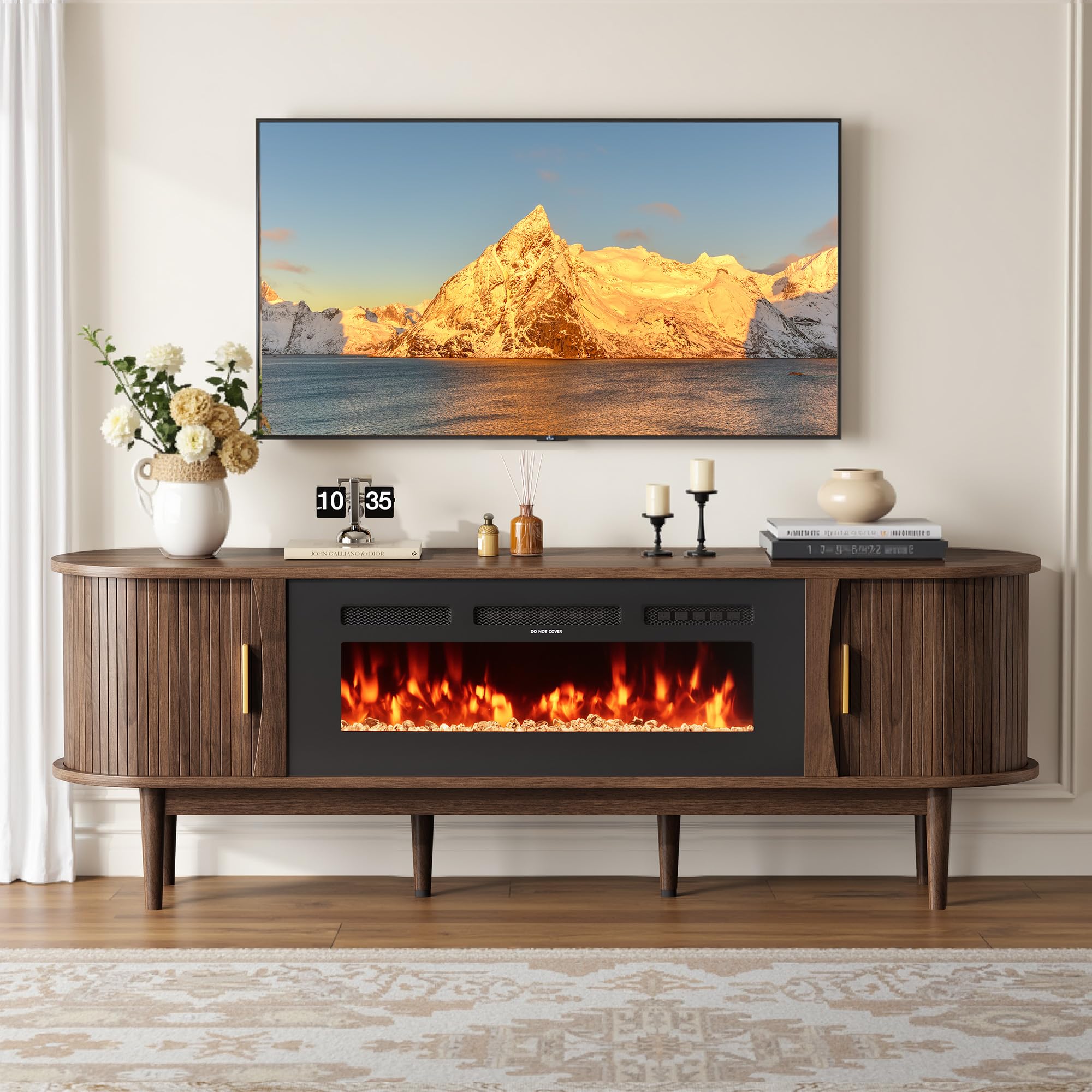 Photo 1 of **partial set, incomplete**Decofy 70? Fluted Fireplace TV Stand for 80? TVs, Remote & Touch Control Adjustable Flame Colors & Temperature, Entertainment Center with Storage, Modern Media TV Console Table for Living Room(Walnut)