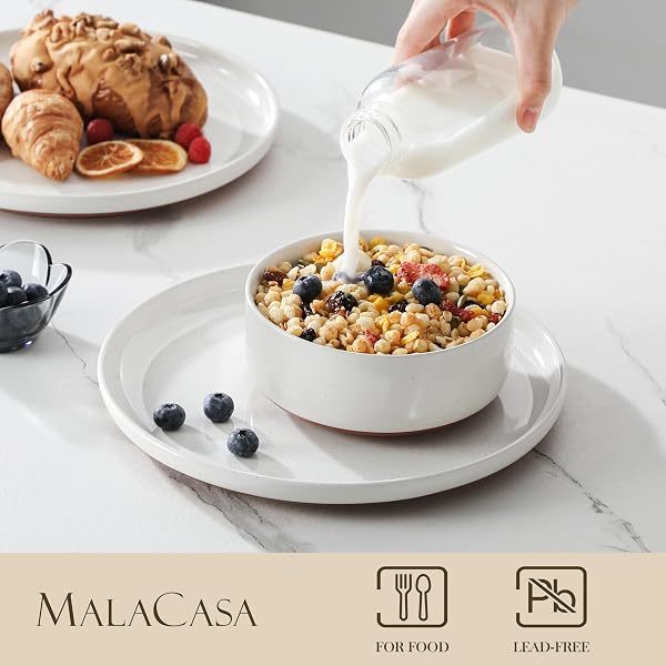 MALACASA PLATES AND BOWLS SETS, 12 PIECES MODERN STONEWARE DINNERWARE SET FOR 4 KITCHEN DINNER SET CERAMIC DISHWARE DISHES SET MICROWAVE AND DISHWASHER SAFE, WHITE, SERIES TARA