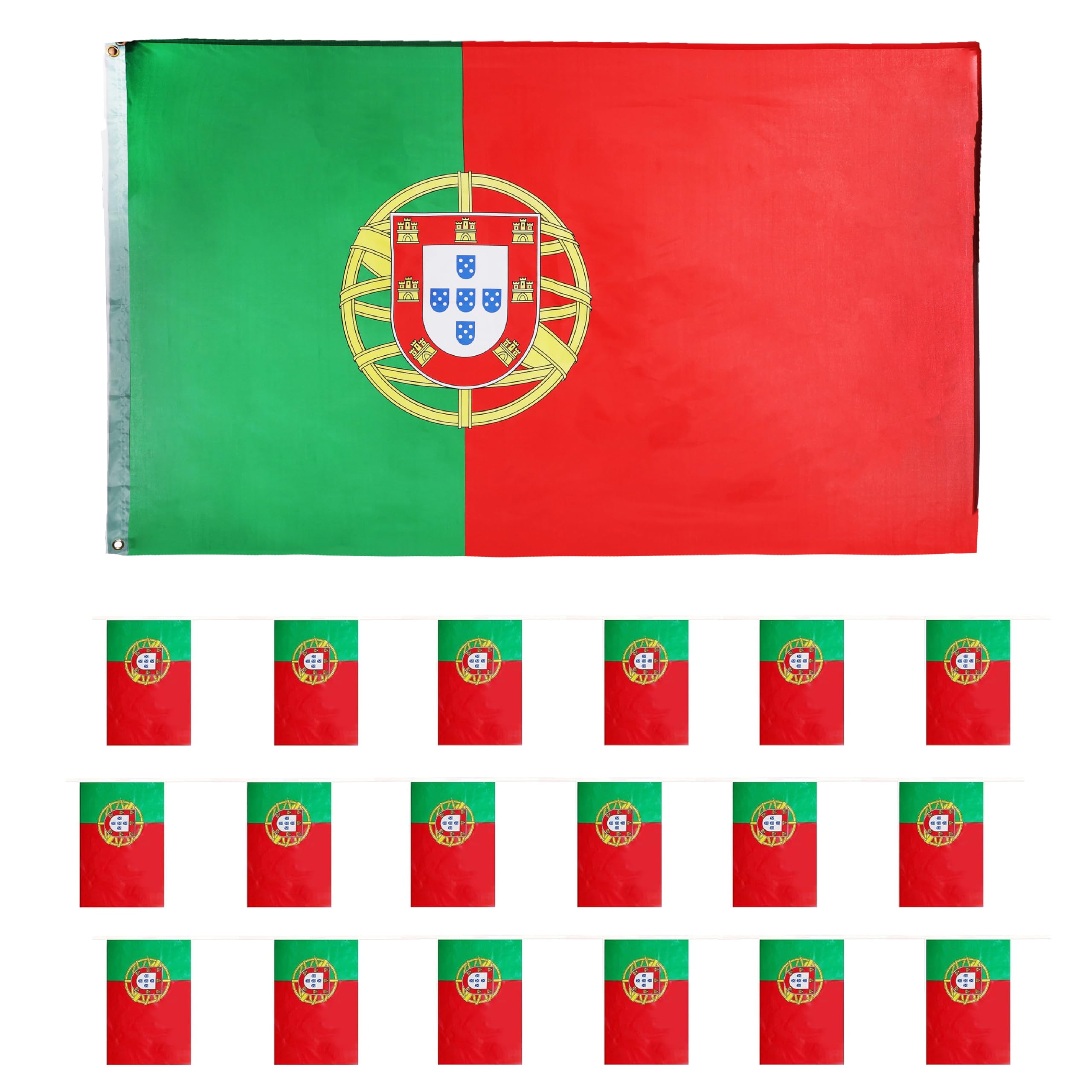 Portugal Flag Bunting and Flag Set - portuguese - All Weather Bunting Approx 10m 30ft - 20 Flag - Large Flag with Grommets Approx 5ft x 3ft - Football, Rugby Events - Parties - Sporting Events