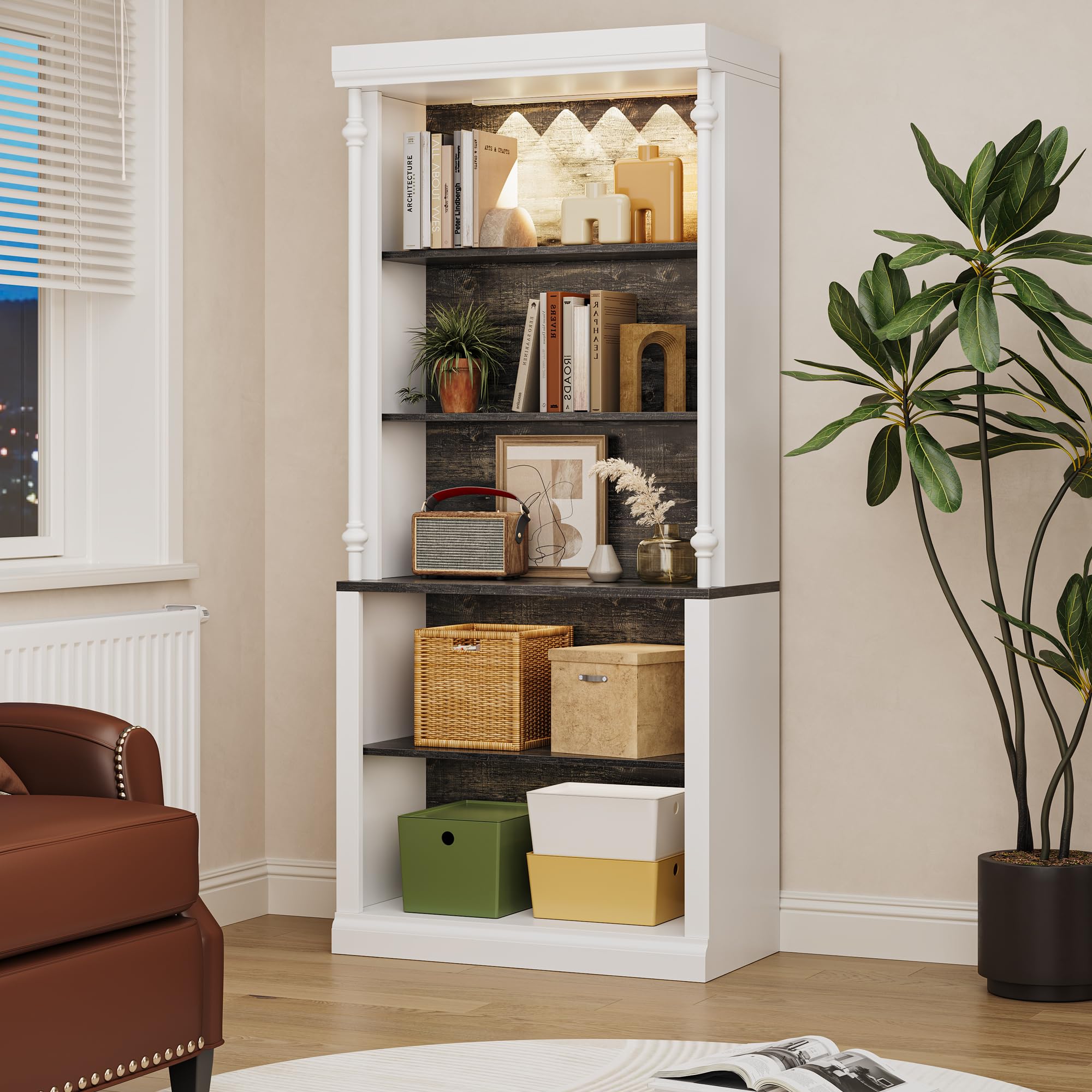 Photo 1 of GAOMON 5-Tier Open Bookcase, Tall Roman Column Bookshelf with LED Lights, White & Black Wood Grain Adjustable Book Shelves, Freestanding Display Storage Organizer for Home Office, Living Room