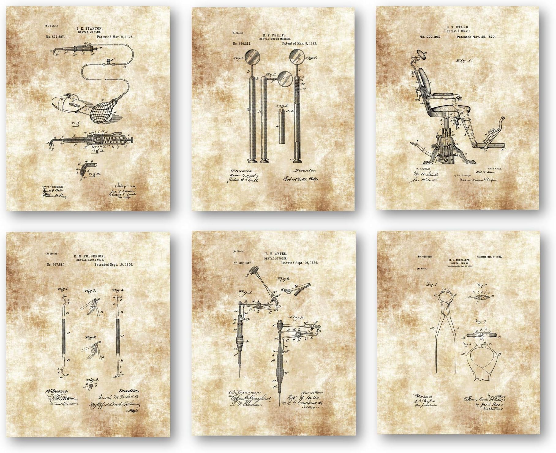 Ramini Brands Original Dental Patent Artwork - Set of 6 8 x 10 Unframed Prints - Great Gift for Dentist, Dental Students and Hygienist - Vintage Dentistry Office Decor