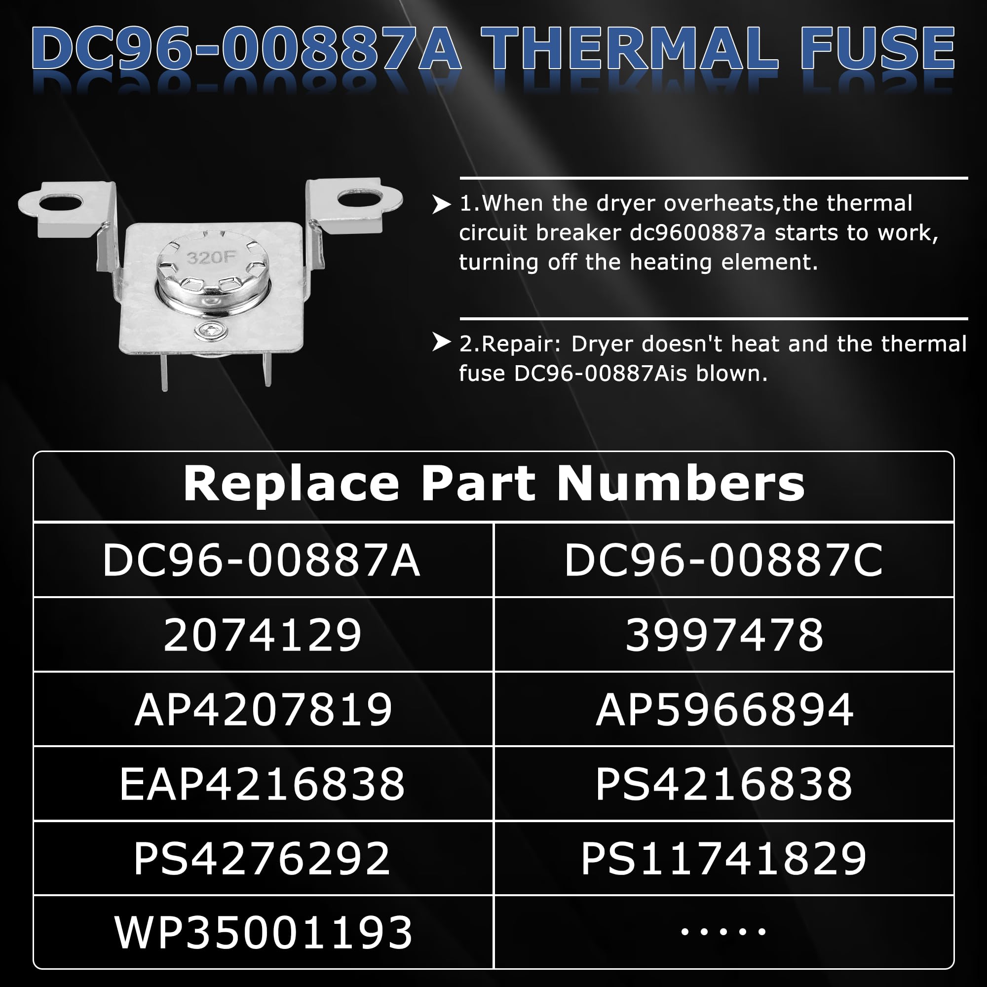 【5000+ Cycle Life】DC47-00019A Heating Element for SAMSUNG Dryer DV42H5000EW/A3 DV45H7000EW/A2 DV40J3000EW/A2 DVE50R5400V/A3 DV42H5200EP/A3 DVE50R5200W/A3 DVE50M7450W/A3 3 DV210AEW/XAA by TOMOON