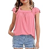 KEREDA Girls Short Sleeve Shirts Summer Tunic Tops Lace Openwork Ruffled Girls Cute Square Neck Clothes Blouse 5-14 Years