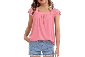 KEREDA Girls Short Sleeve Shirts Summer Tunic Tops Lace Openwork Ruffled Girls Cute Square Neck Clothes Blouse 5-14 Years