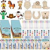 VioraWhite 24 Set Birthday Party Favor Craft Include 24 Pcs DIY Wooden Painting Art Kit 24 Pcs Bubble Wand 24 Gift Card Wood Coloring Paint Gift Bulk for Classrooms Supplies(Western Cowboy Cowgirl)