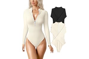 OQQ Women's 2 Piece Bodysuits Sexy Ribbed One Piece Zip Front Long Sleeve Tops Bodysuits