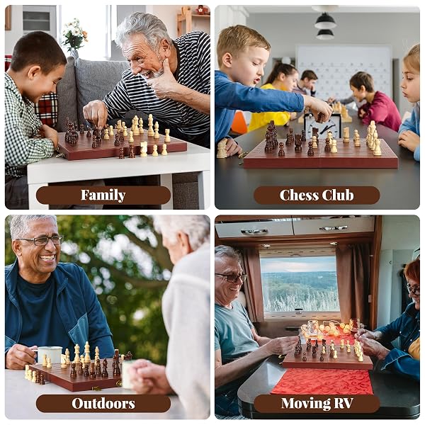 MAGNETIC CHESS SET 15.5 INCH CHESS BOARDS FOR ADULTS & KIDS, LEATHER & WOODEN FOLDING BOARD WITH HANDMADE WOOD PIECES, TRAVEL CHESS SETS GAME WITH PORTABLE HANDLE FOR BEGINNERS PROFESSIONALS
