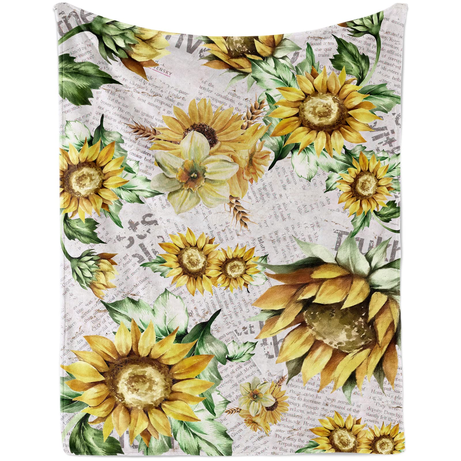 Lingqiang Sunflower Throw Blanket Gifts for Girls, Watercolor Farm Soft Cozy Plush Flannel Kids Bedroom, 100 x 130 cm Newspaper Fleece Fluffy Women Couch Bed Sofa, Sunflower - Beige