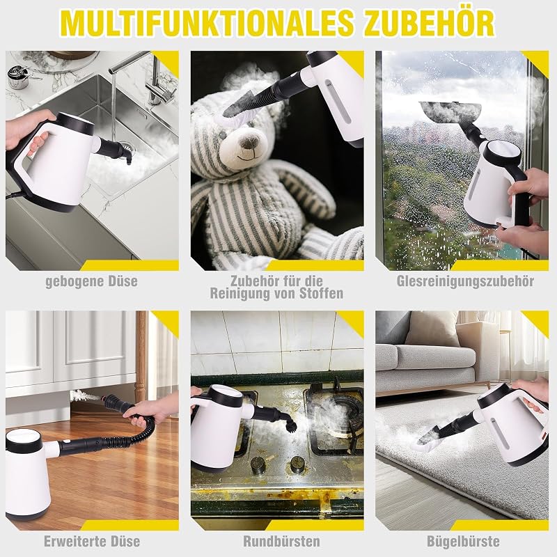 Handdampfreiniger, 400 ml Druck-Mehrzweckdampfreiniger mit 9-teiligem Zubehör, chemikalienfreier Dampfreiniger für den Heimgebrauch, Reinigung von Böden, Fliesen, Fenstern, Sofas (Weiß)