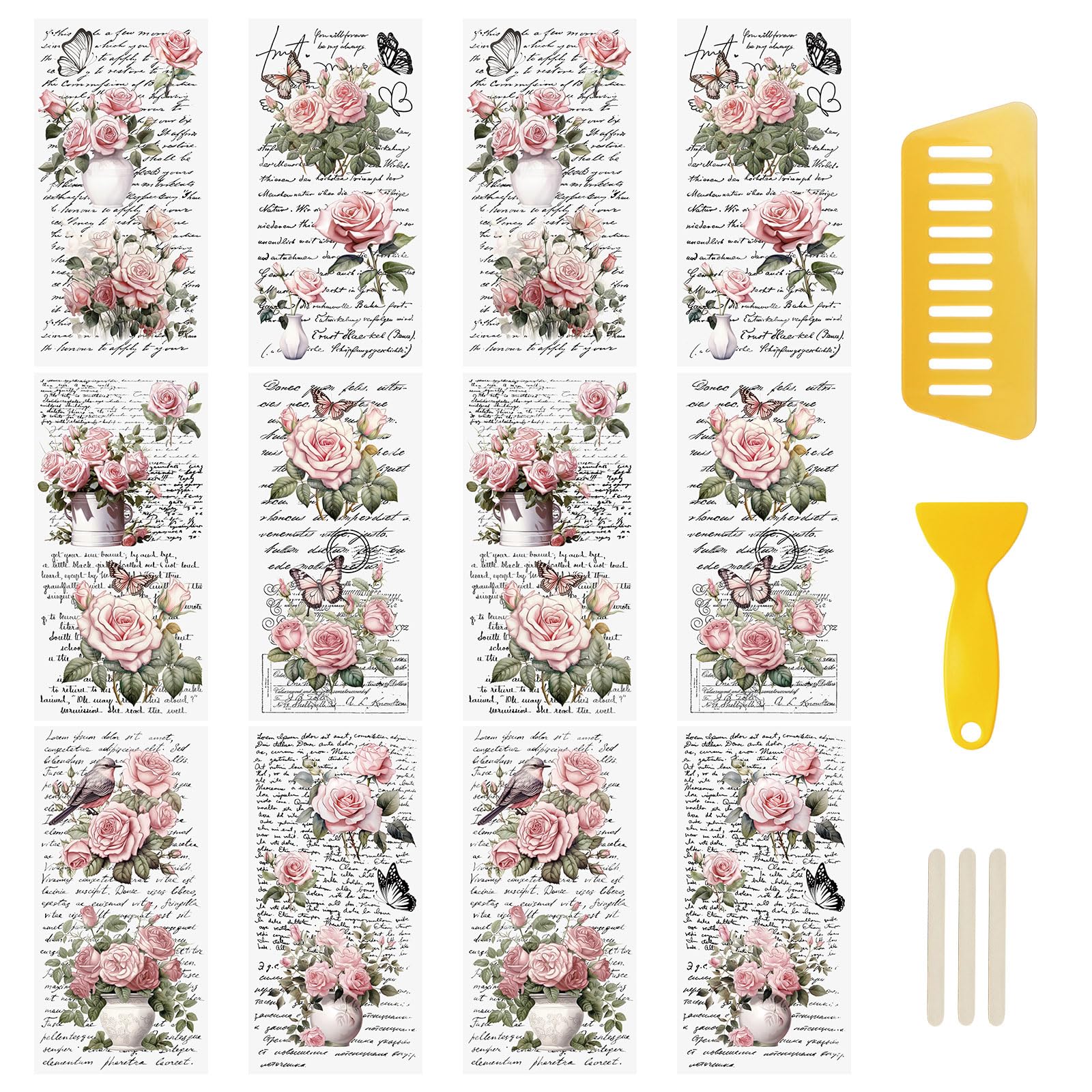 WANDIC 12 Sheets Retro Rub On Transfer Stickers,Pink Retro Flowers Decals Rose Stickers with Letters Waterproof Decals for DIY Scrapbooking — image 1