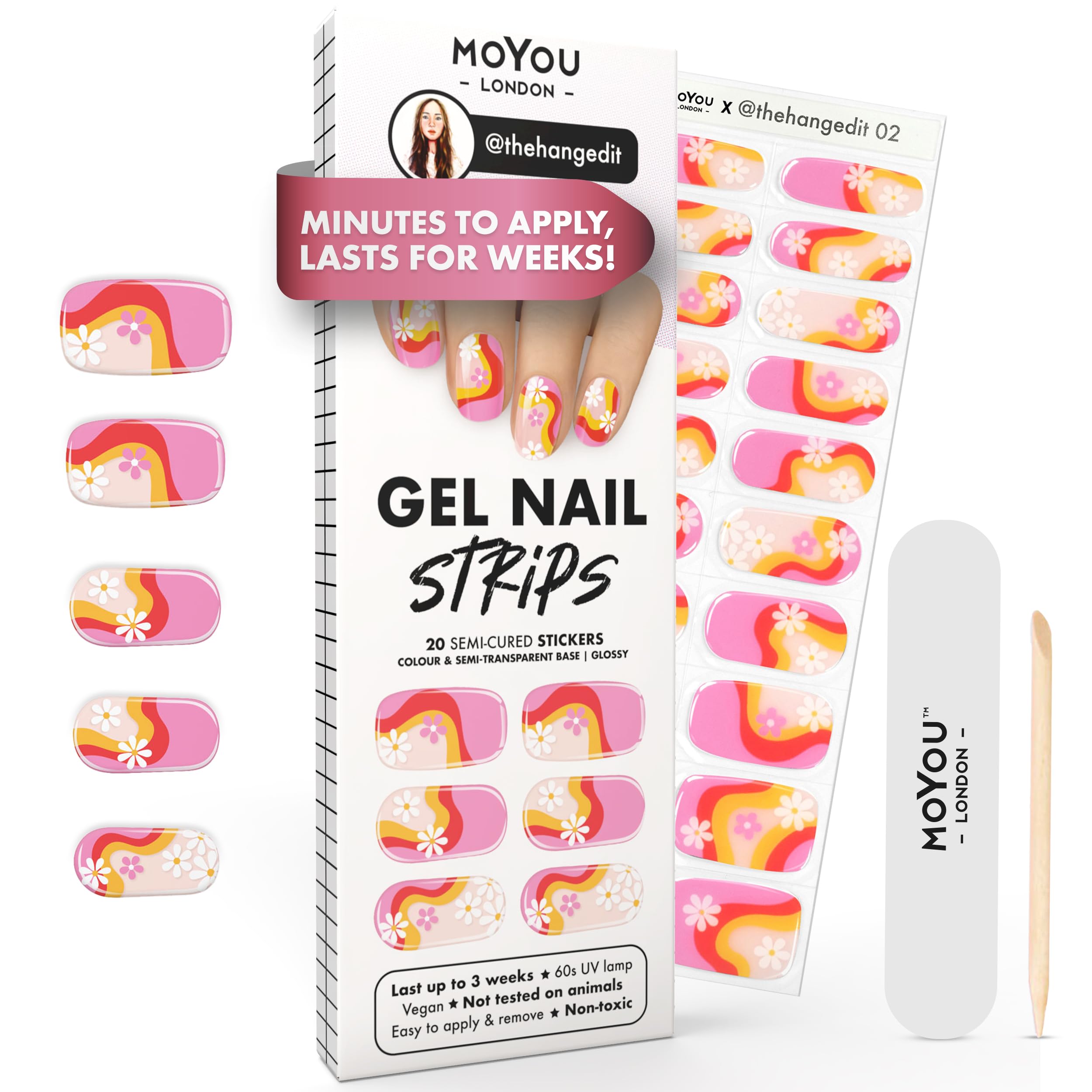 MOYOU LONDON Semi Cured Gel Nail Strips - 20 Pcs. Waterproof Gel Nail Wraps, Cures in Sunlight or UV/LED Lamp, Lasts Up to 2+ Weeks, Stretchable, Easy to Apply & Remove, Vegan & Cruelty-Free