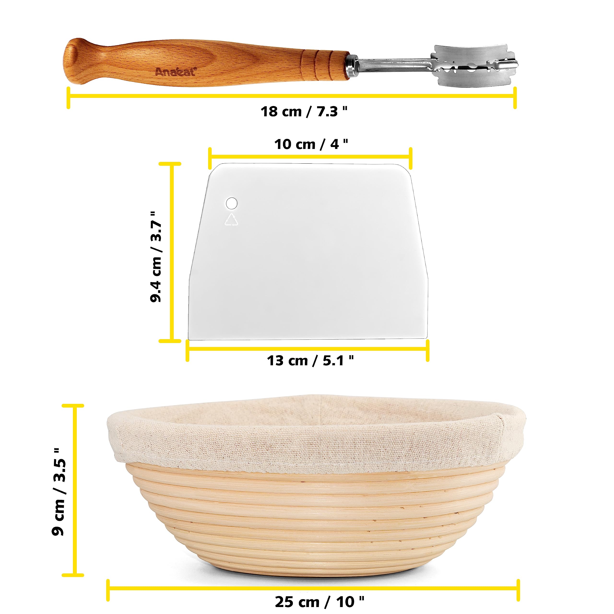 Anaeat 25 cm Brot-Banneton-Gärkorb-Set – runder Sauerteig-Gärkorb aus 100% natürlichem Rattan mit Lahmbrot, Teigschaber und Leineneinlage für professionelle Bäcker und Heimbäcker 7
