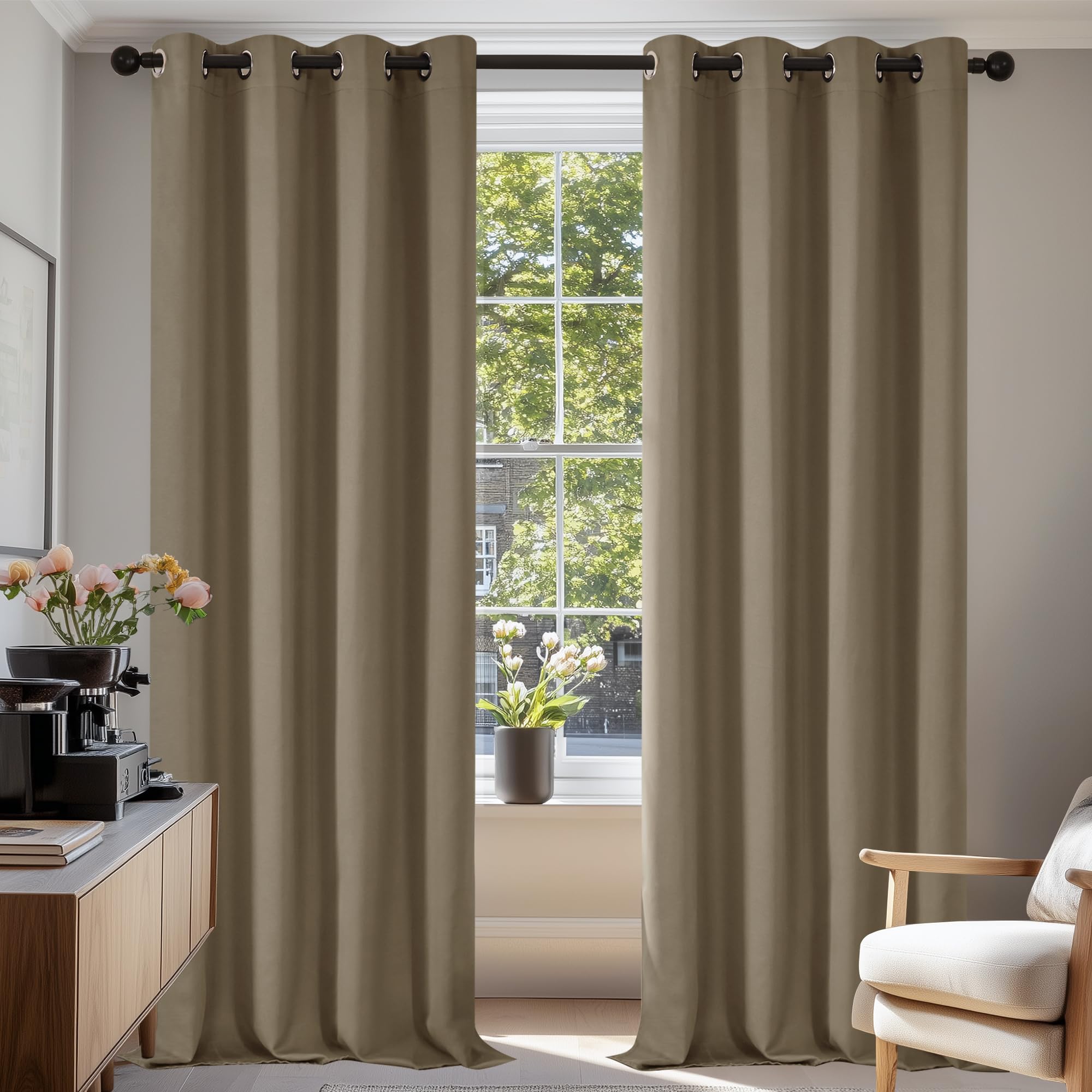 Deconovo Curtains Blackout Super Soft Thermal Insulated Ring Top Blackout Curtains for Bedroom 46 x 90 Inch Drop Tan Brown 1 Pair