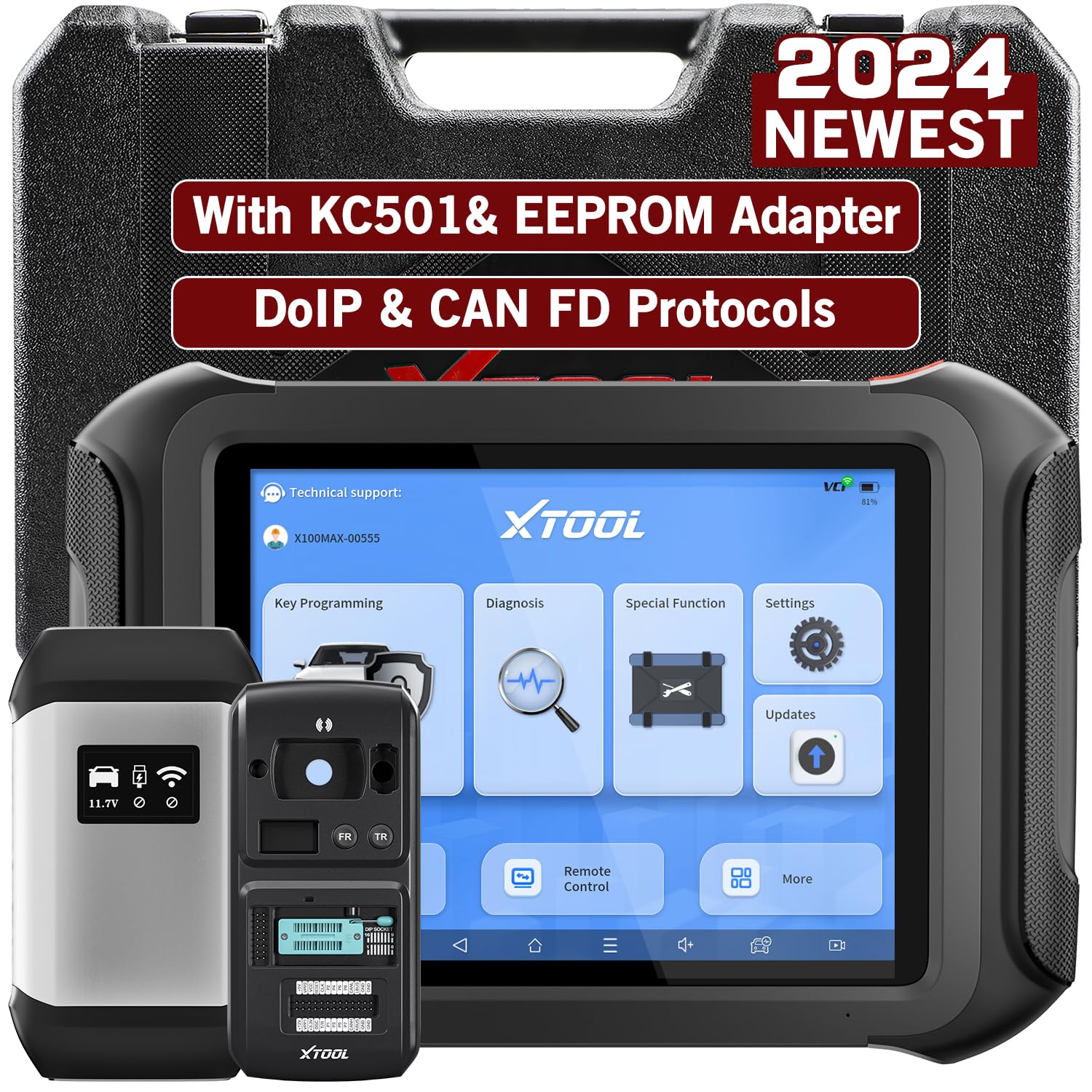 XTOOL X100 MAX アドバンスドキープログラミングツール KC501+ EEPROMアダプター + アダプターキット付き 読み取りピン トポロジーマッピング ECUコーディング 双方向制御 35以上のサービス 2年更新 CANFD
