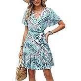 CUPSHE Summer Dress for Women 2024 Short Sleeve V Neck Paisley Belted Ruffled A-Line Mini Beach Dress