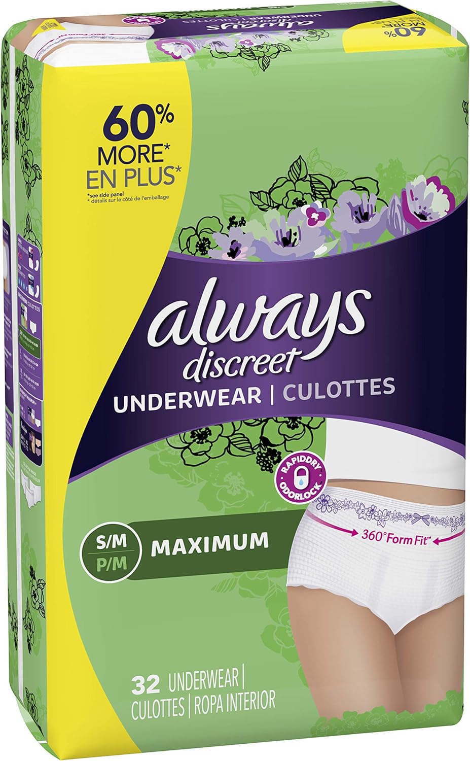 Always Discreet, Incontinence & Postpartum Underwear for Women, Maximum, Small / Medium, 32 Count: Health & Personal Care