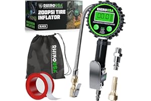 Rhino USA Digital Tire Pressure Gauge with Inflator (0-200 PSI) - Heavy Duty Air Chuck and Compressor Accessories with Stainless Braided Hose, Large 2" Dial and Solid Brass Hardware for Truck and RV