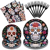 96 Pieces Day of the Dead Tableware Set - Mexican Sugar Skull Pattern Disposable Plates, Napkins, and Forks for Dia de los Muertos, Halloween, Fiesta, and Cultural Celebrations – Serves 24