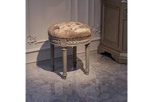 Vanity Stool, French Vintage Square Stool with Cushion, Round Tufted Upholstered Stool for Living Room Dining Room Entryway, 