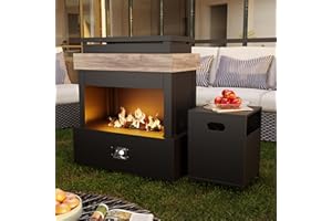 QSOER 40.5''x35.4'' Propane Outdoor Fireplace, 50,000 BTU Patio Vent-Free Gas Heater, CSA Certified Grey & Black Weather-Resistant Steel, Realistic Ceramic Logs, Rain Cover Included