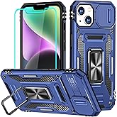 Aozuoton for iPhone 14 Plus Case with Screen Protector and with Camera Cover, 360°Military Grade Rotatable Kickstand (Heavy Duty) Shockproof Protective, Case for iPhone 14 Plus Navy Blue
