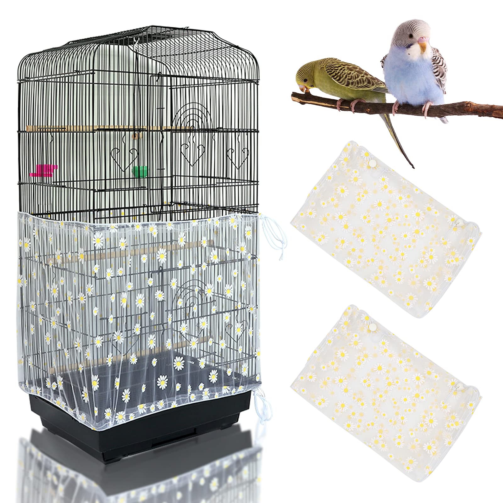 Yepper 2Pcs Adjustable Bird Cage Cover, Bird Cage Seed Catcher, Soft Nylon Mesh Net with Daisy Pattern, Birdcage Cover Skirt Seed Guard for Parrot Parakeet Macaw Round Square Cages (White)