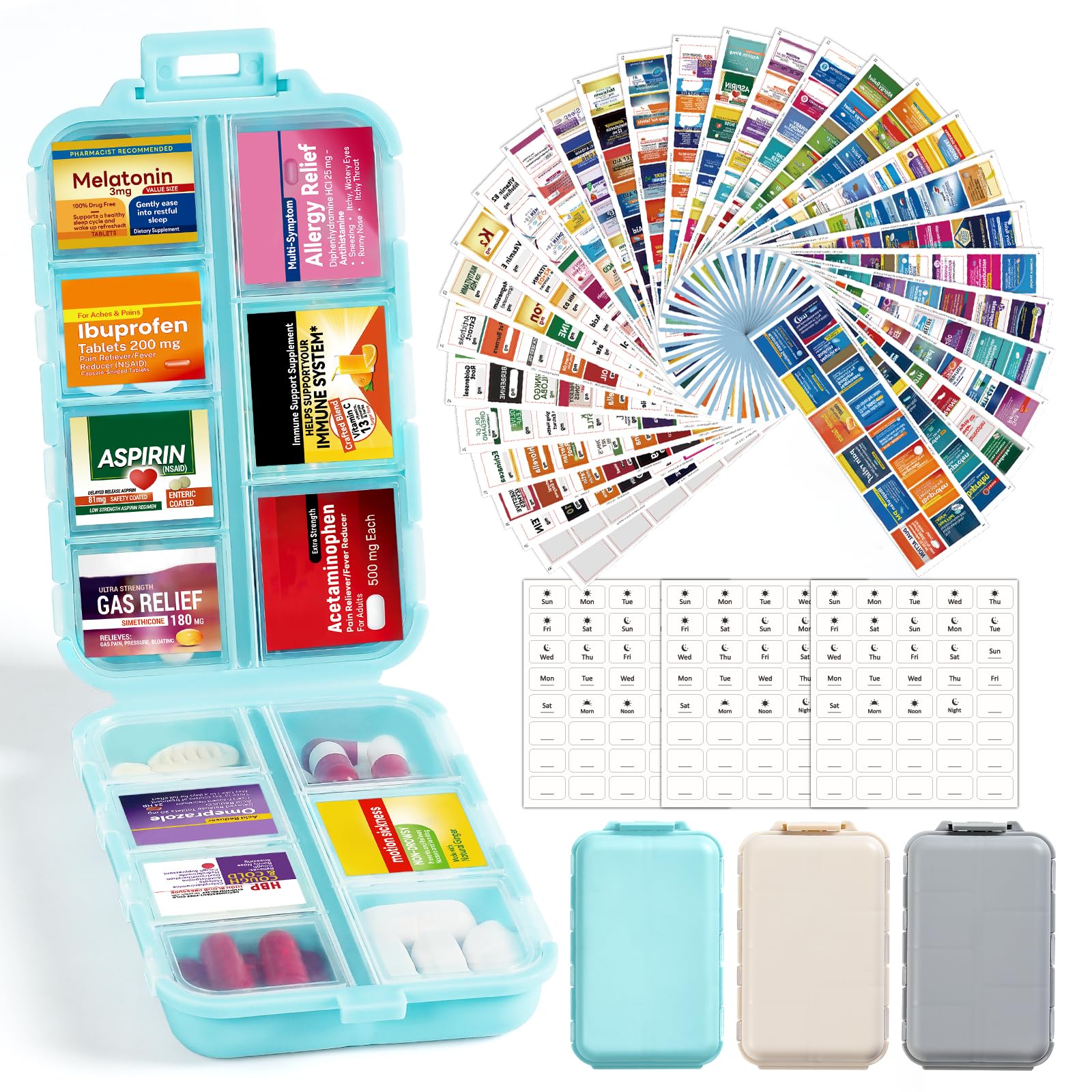 View 1 of 3 Pack 14 Grids Travel Pill Organizer Box with 415-Pcs Medicine Name Labels - Pocket Daily Pharmacy Case Container Kit - Travel Medication Holder Dispenser for Fish Oil Vitamin, Khaki+Grey+Sky Blue