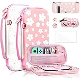 FANPL Cute Carrying Case Bundle for Nintendo Switch, Pink Switch Accessories Kit with Hard Travel Case, Soft TPU Cover, Adjustable Strap, Screen Protector, Thumb Grip Caps, Pink White Sakura for Girl