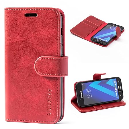 Mulbess Ledertasche im Ständer Book Case / Kartenfach für Samsung Galaxy A3 (2017) Tasche Hülle Leder Etui,Wine Rot