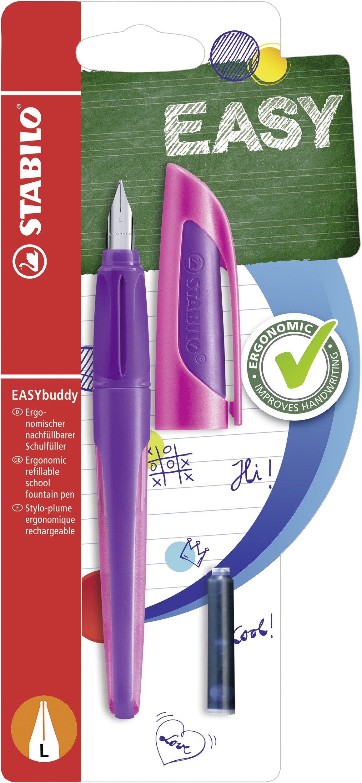 Ergonomic School Fountain Pen - STABILO EASYbuddy - Left Handed - Purple/Magenta