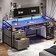 SEDETA 63" Computer Desk, Office Desk with Lockable Drawers for Legal/Letter File, Gaming Desk with LED Lights & Power Outlet, Home Office Desks with Storage, Grey