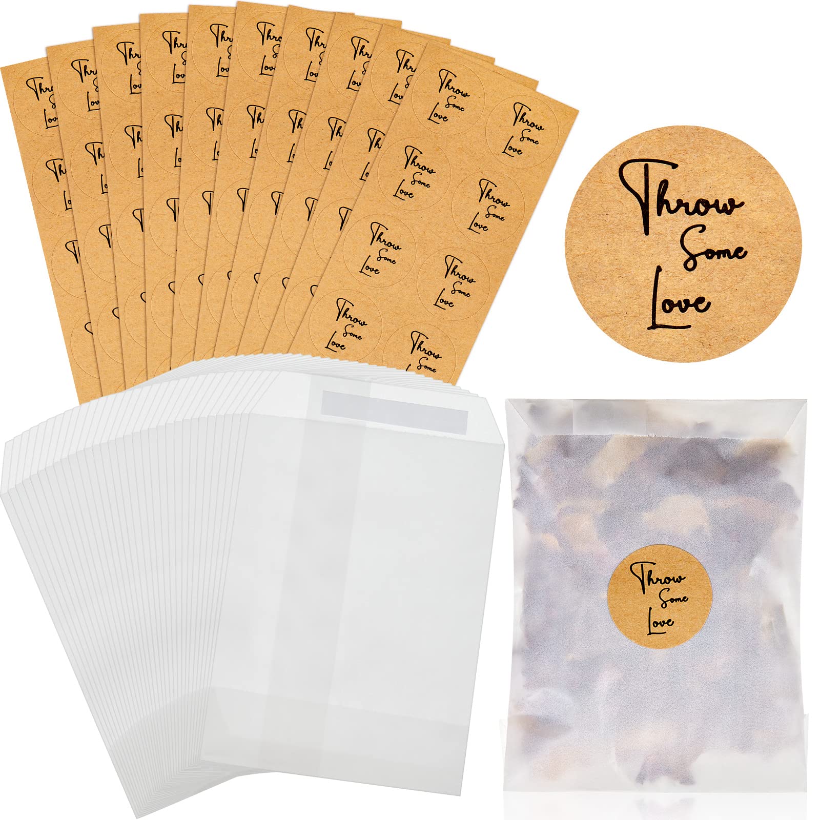 Tenare 100 Pcs Wedding Confetti Bags Set Includes 100 Pcs 3.54 x 5.31 in Glassine Paper Favor Bags Glassine Envelopes and 100 Wedding Confetti Stickers(Brown,Classic Style) — image 1