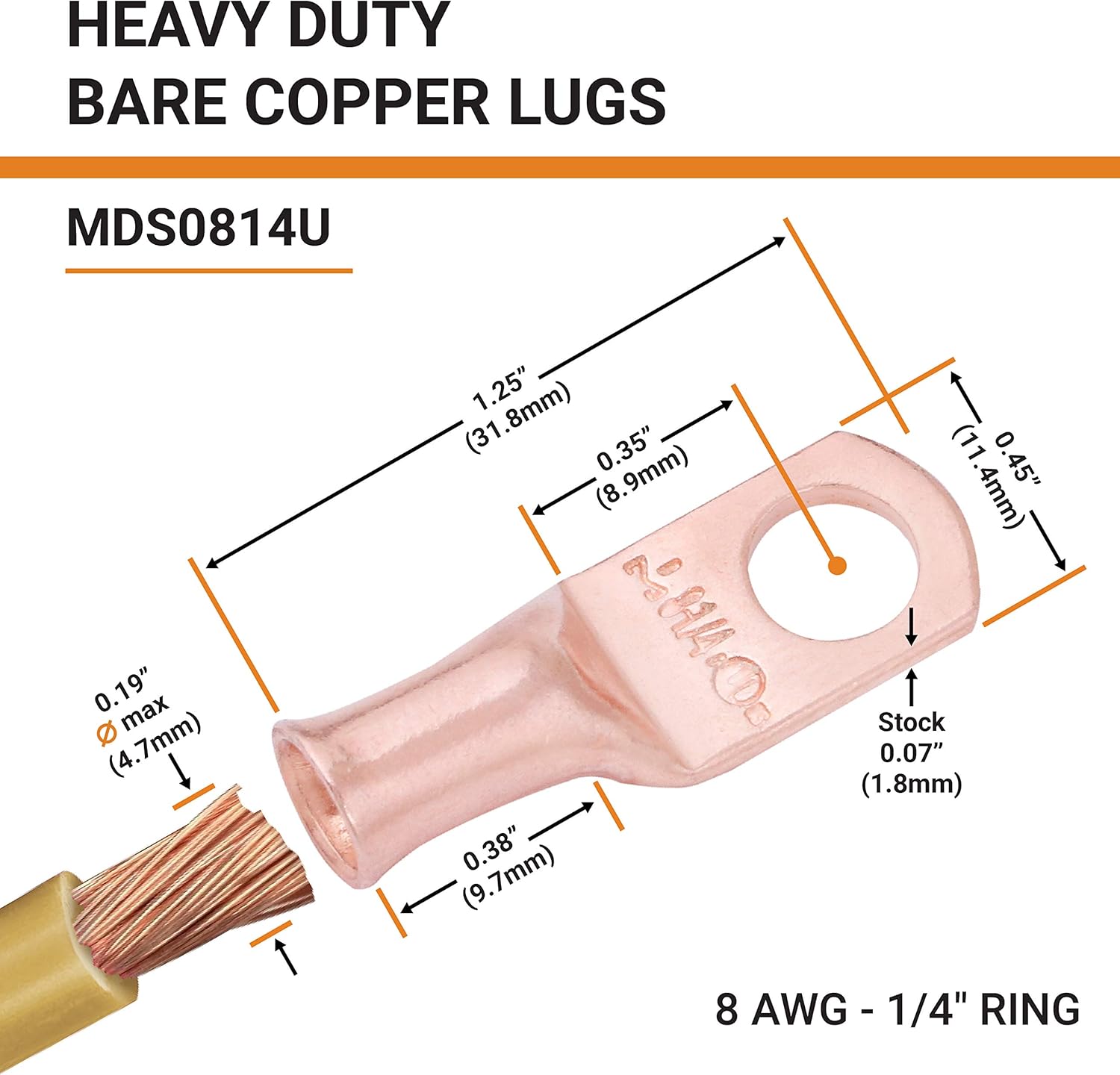 SELTERM UL Listed Heavy Duty Wire Lugs, Battery Cable Ends, Bare Copper Eyelets, Tubular Ring Terminals, Closed End Crimp Connectors — (8 AWG to 250 MCM) : Sports & Outdoors