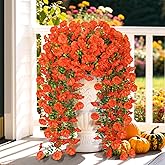 jabeick Artificial Fake Fall Hanging Flowers for Outdoors, 2 PCS Faux Silk Orange Morning Glory Trailing Vines UV Resistant No Fade Hanging Plants for Autumn Home Balcony Yard Box Pot Planter Decor