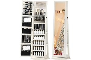 TJYGO Mirror Jewelry Cabinet Standing, Full Length Mirror Jewelry Armoire, 360° Swivel Jewelry Organizer, Back Storage Shelves, Lockable Jewelry Storage for Women Girl, White with Gray Wood Grain