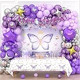 YYDTMHT 137pcs Purple Butterfly Balloon Arch Decoration, Happy Birthday Banner, Background Cloth and Tablecloth, 3D Butterfly Decoration, Suitable for Women and Girls Birthday Party Decorations