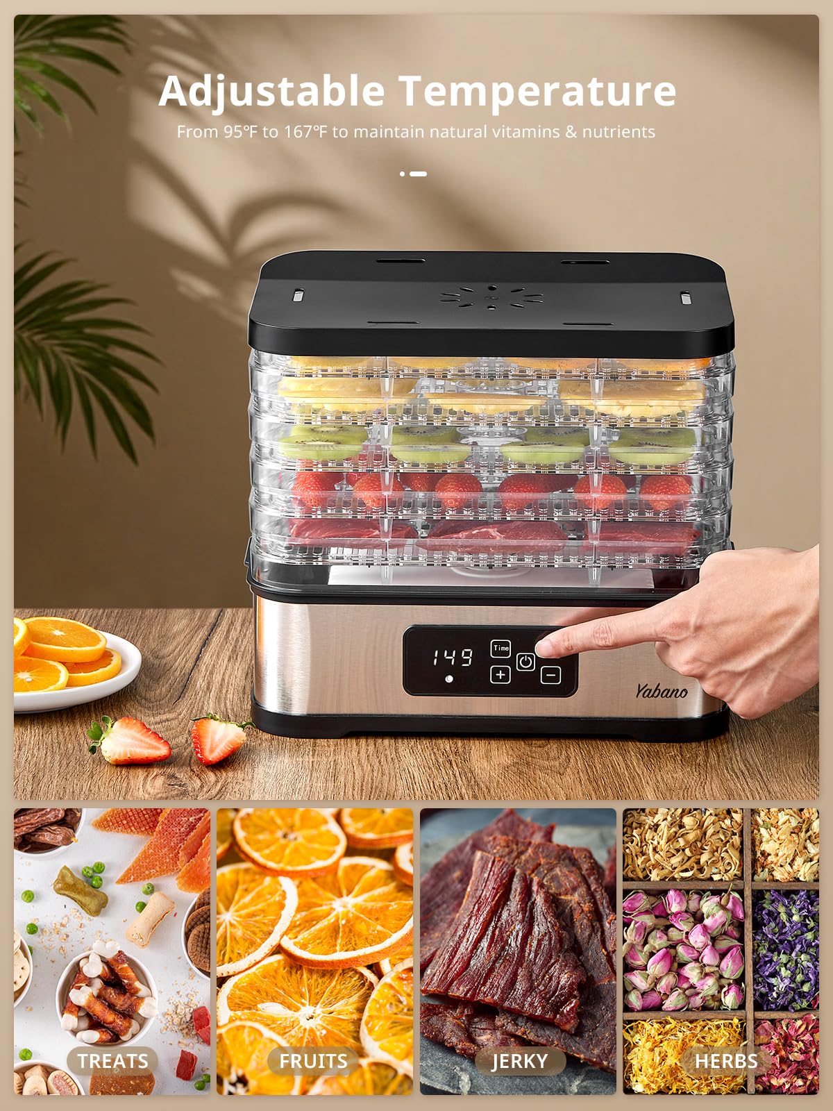 Yabano Food Dehydrator Machine for Home Use, 250W Electric Dryer with Adjustable Timer & Temperature Control, 5 Trays - Digital Presets for Fruit, Meat, Herbs, Jerky