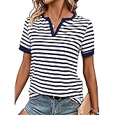 LilyCoco Women's Striped Shirt Short Sleeve Color Block Tops Notched Neck Summer Tee