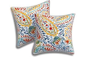 Melody Elephant Outdoor Throw Pillows Inners, Fade Resistant Patio Furniture Square Pillows with Piping Set of 2, Outdoor Pillows for Patio Furniture, 18x18 Inch, Paisley Multi
