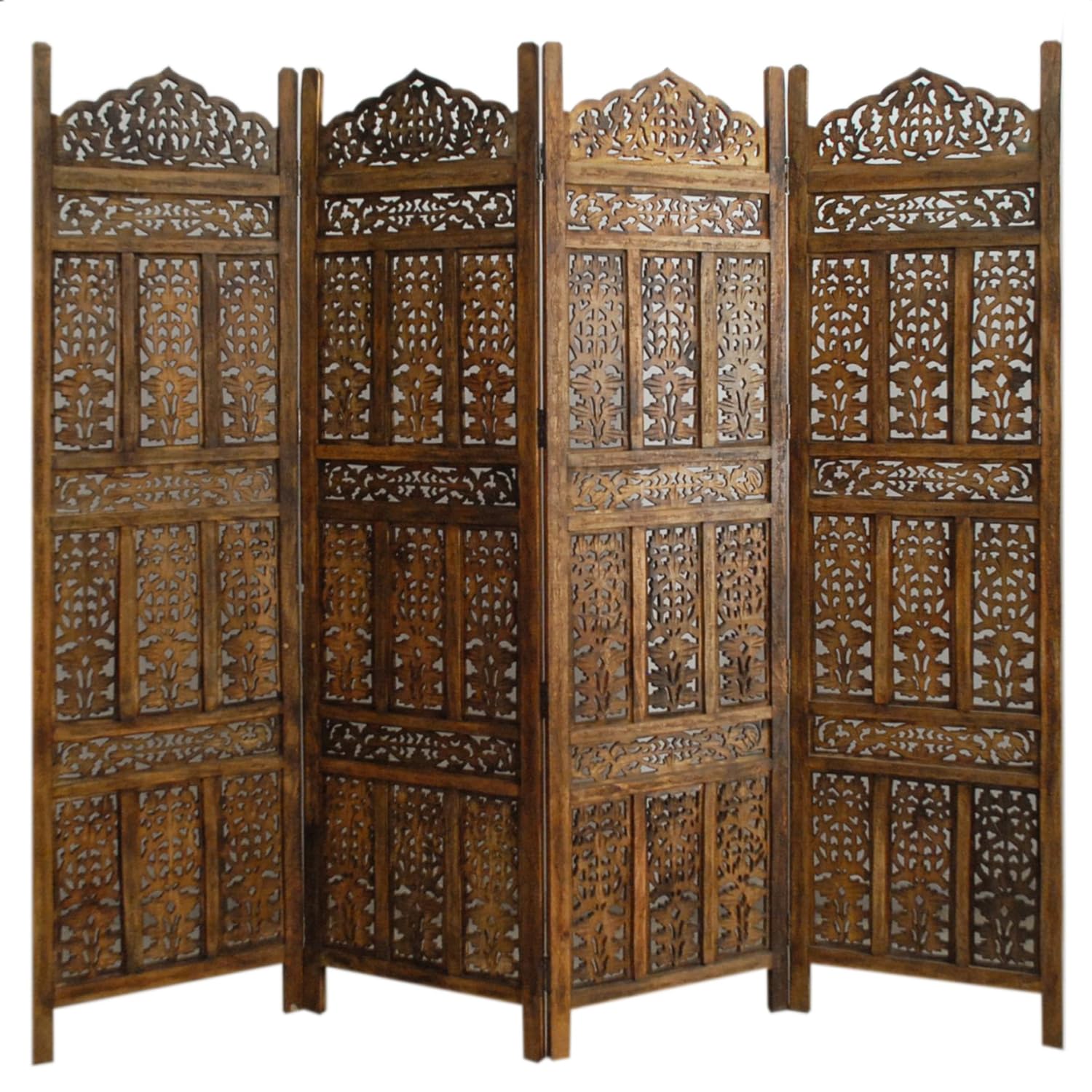 PARAVENT 4 PANEL INDIAN HAND CARVED WOODEN SCREEN ROOM DIVIDER FREE P