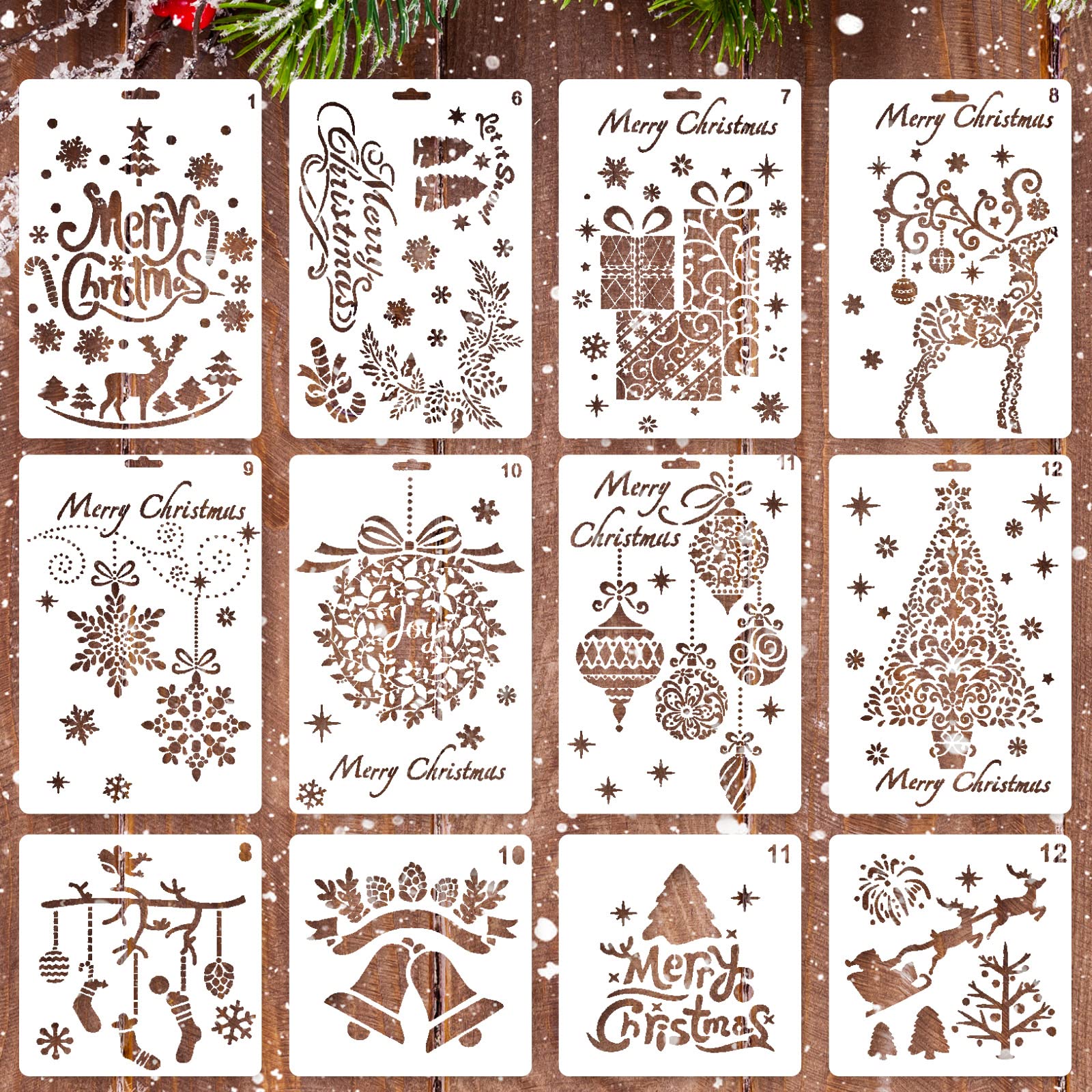 Whaline 12 Pack Christmas Stencils Bullet Journal Templates Reusable Plastic for Craft Art Drawing Painting Spraying Window Glass and Card DIY Drawing Painting Craft Projects (2 Sizes)